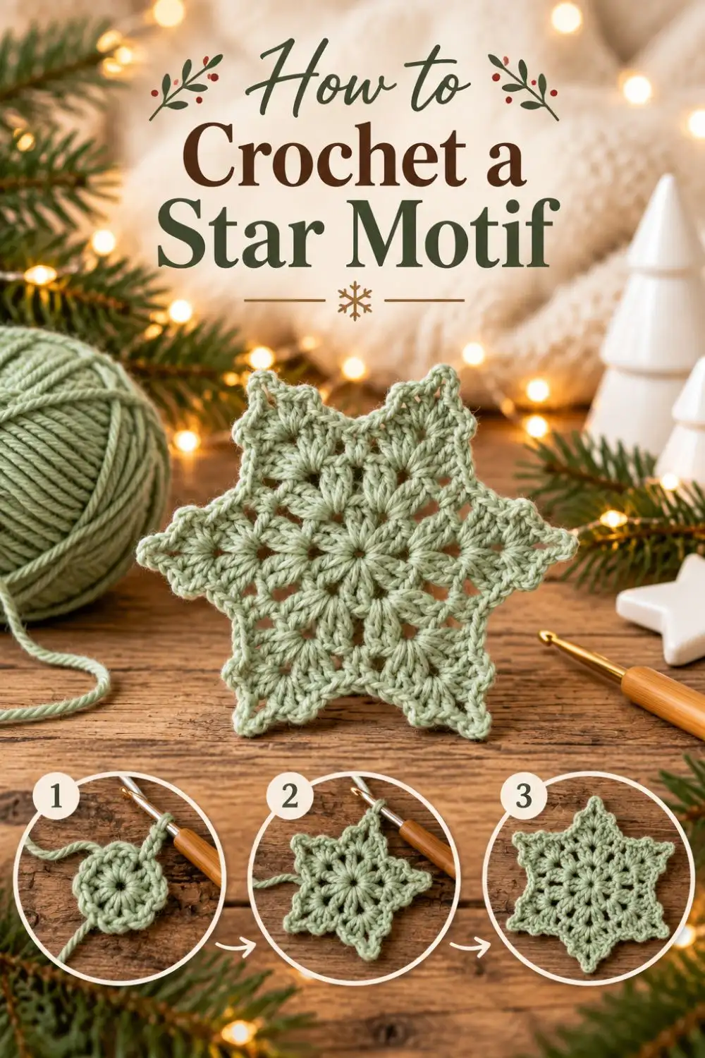 Sage green crochet motif with illustrative center and point stages.