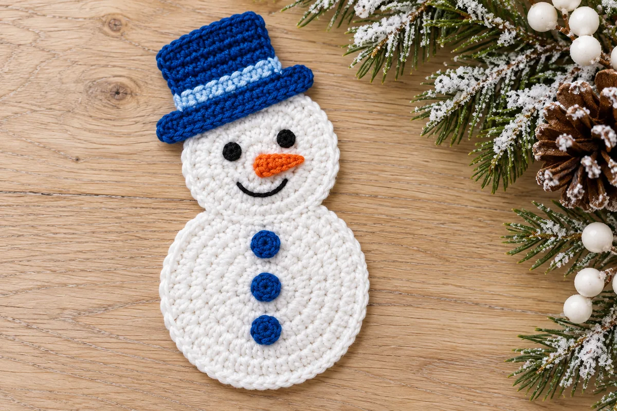 Flat crochet snowman applique with blue hat orange carrot and three blue buttons on pale wood