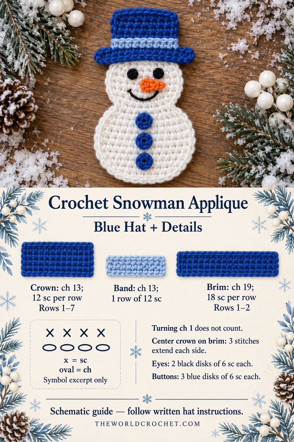 Crochet snowman applique blue hat guide with crown band brim and small detail counts