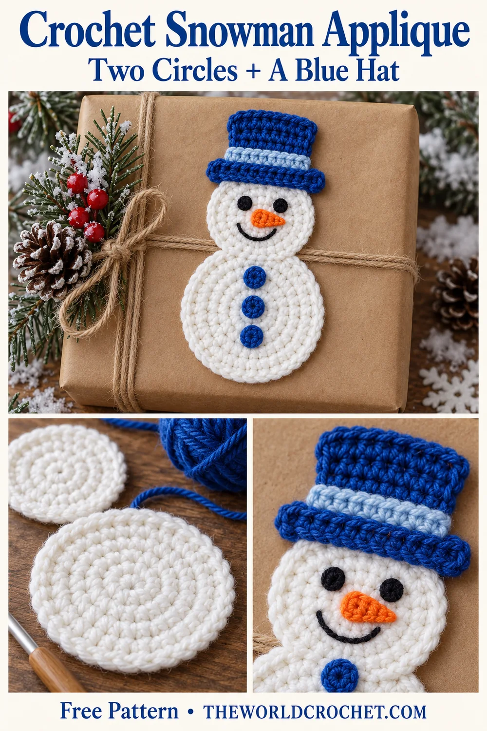 Crochet snowman applique collage with gift styling white circles and blue hat closeup