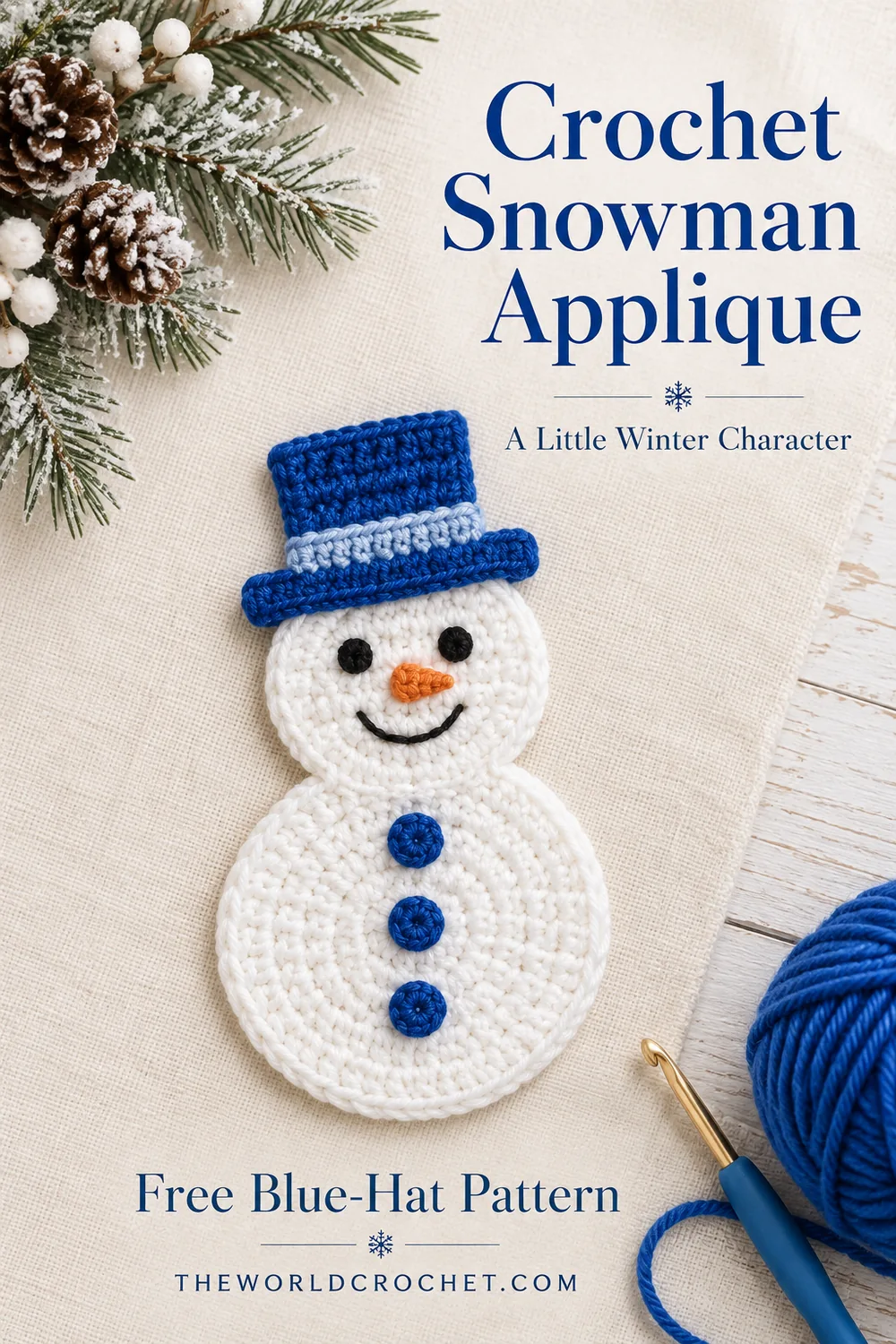 Crochet snowman applique on cream linen with blue yarn in an editorial layout