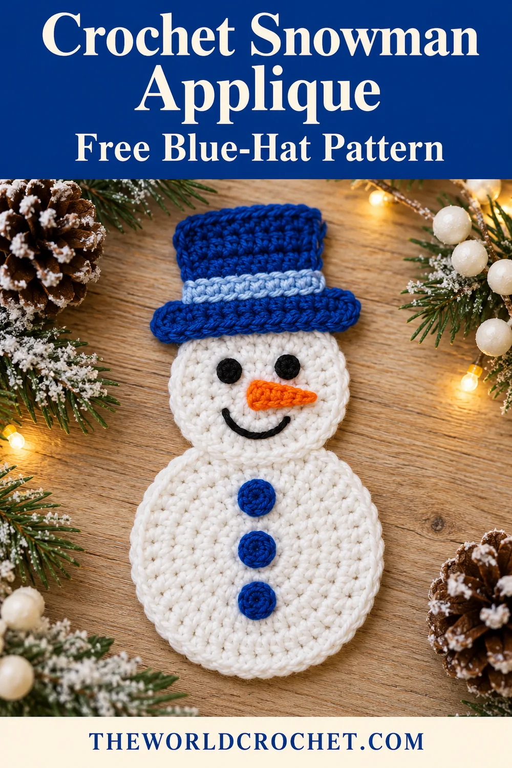 Crochet snowman applique with royal blue header and free blue-hat pattern title