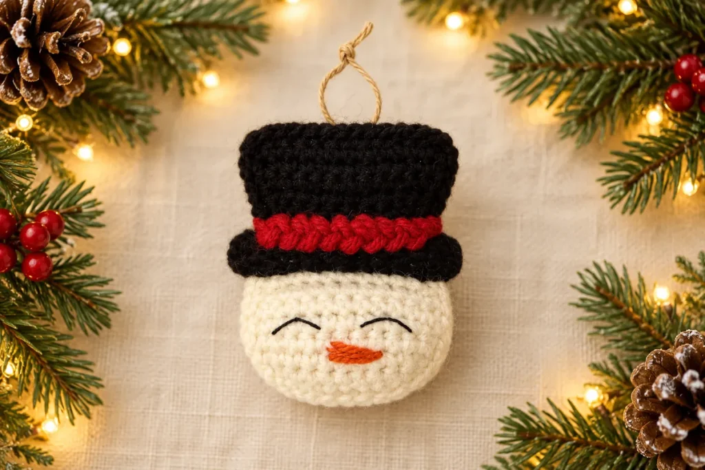 Crochet snowman ornament with black top hat red band and embroidered face