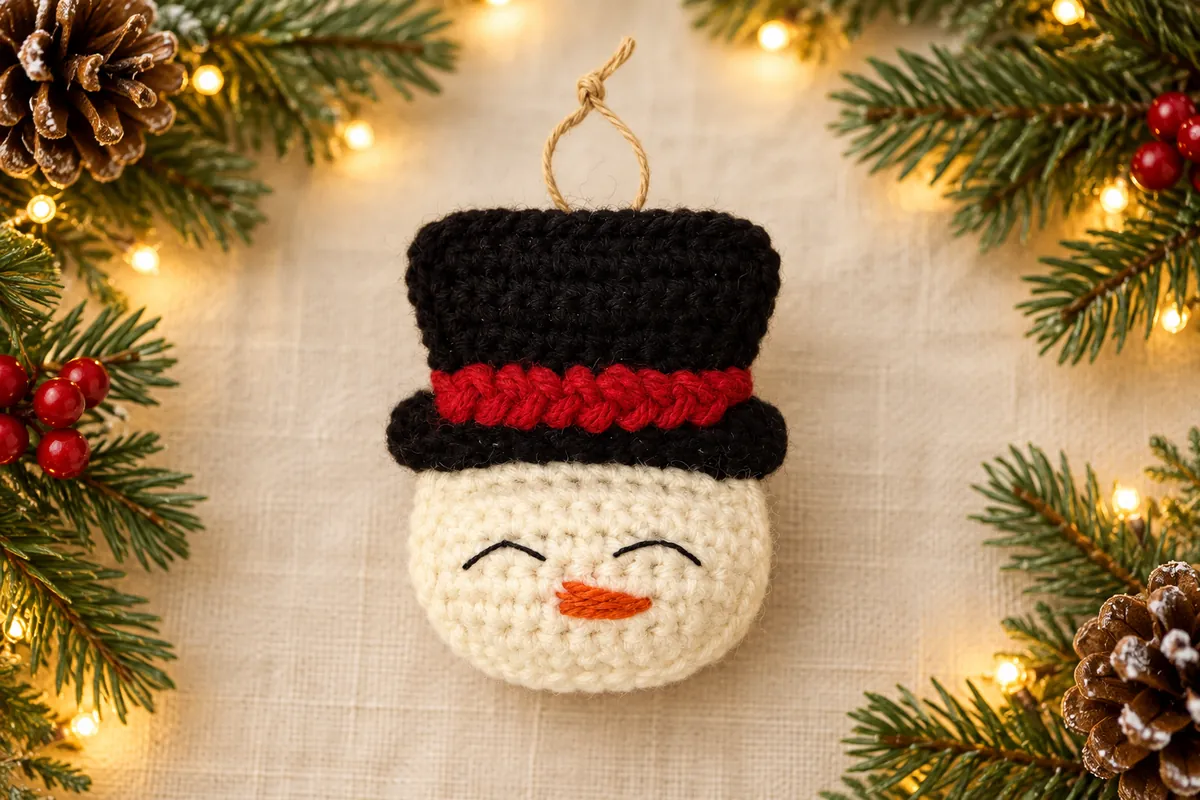 Crochet snowman ornament with black top hat red band and embroidered face