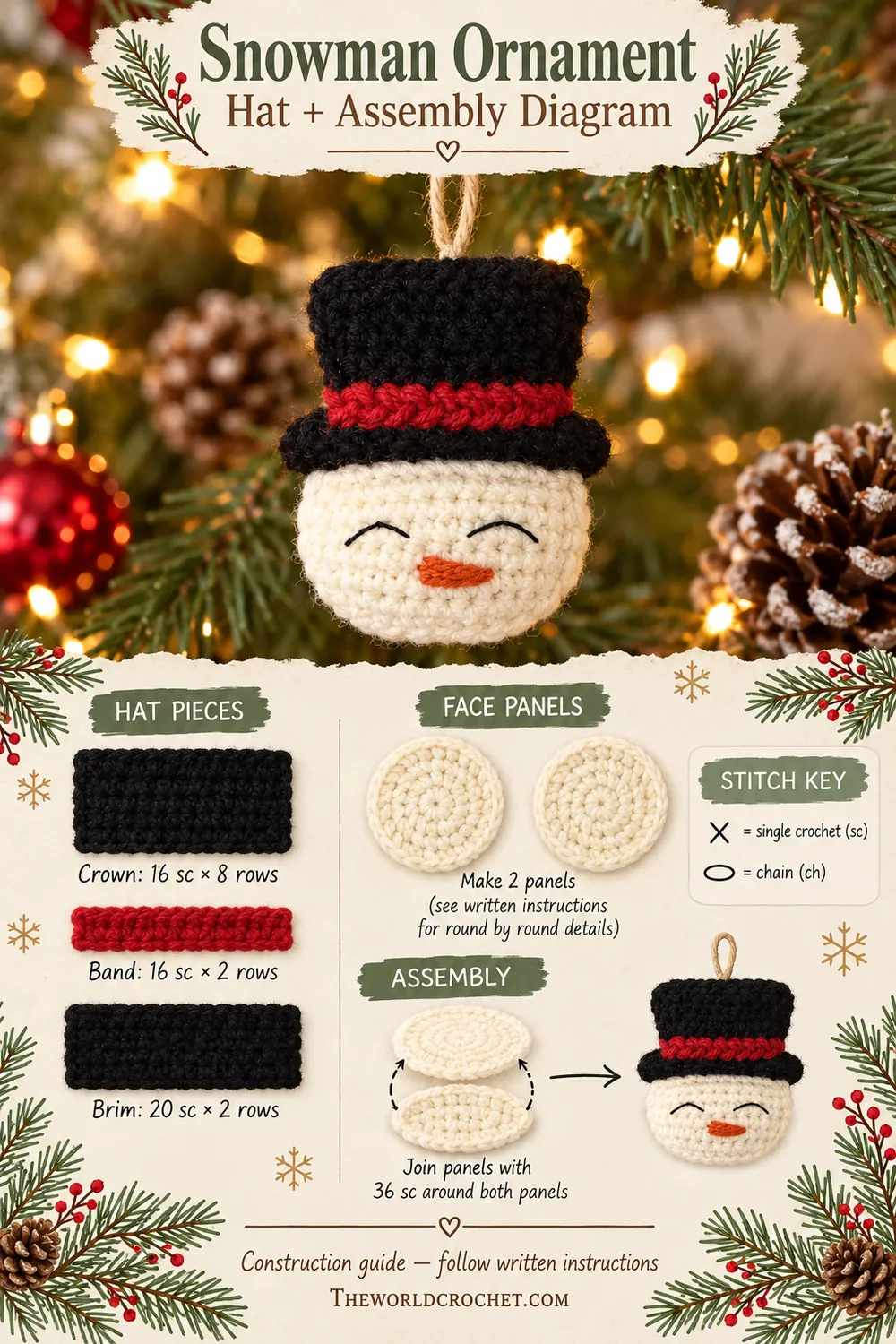 Crochet snowman ornament hat pieces and panel assembly diagram