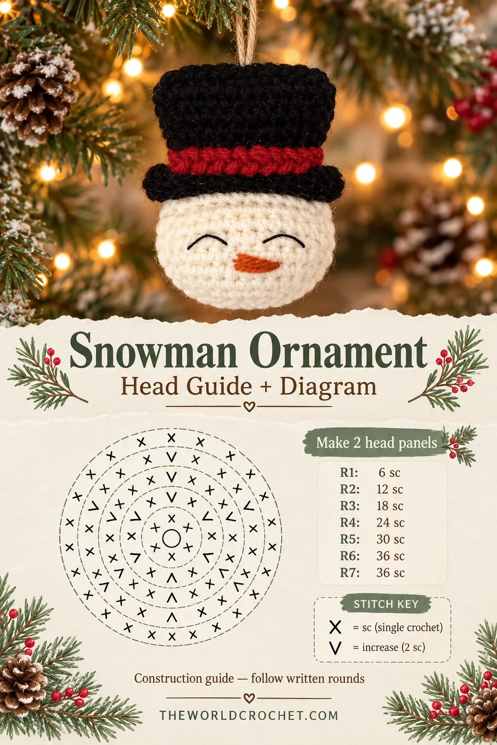 Crochet snowman ornament head panel diagram with round counts and stitch key