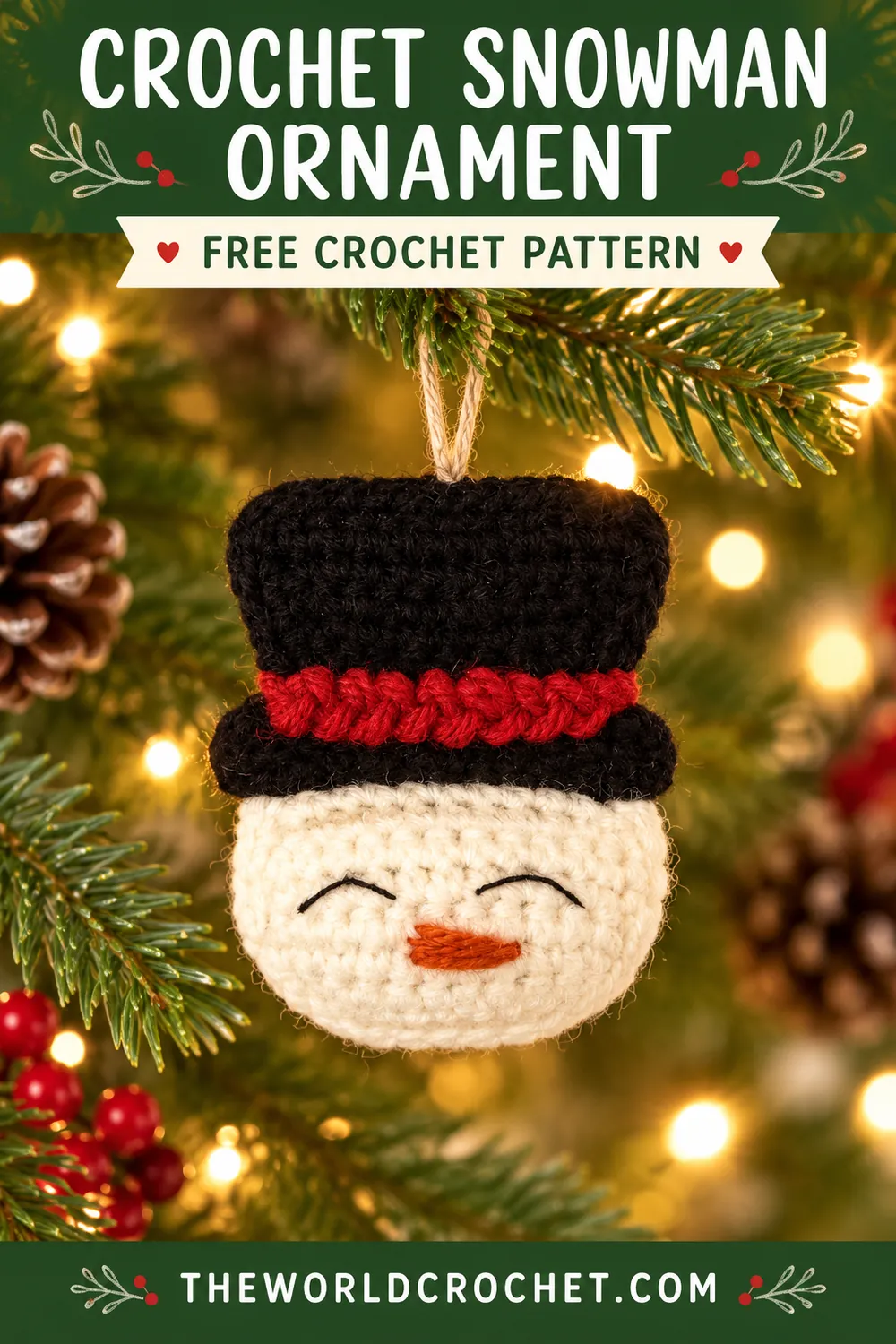 Crochet snowman ornament free pattern with green title banner