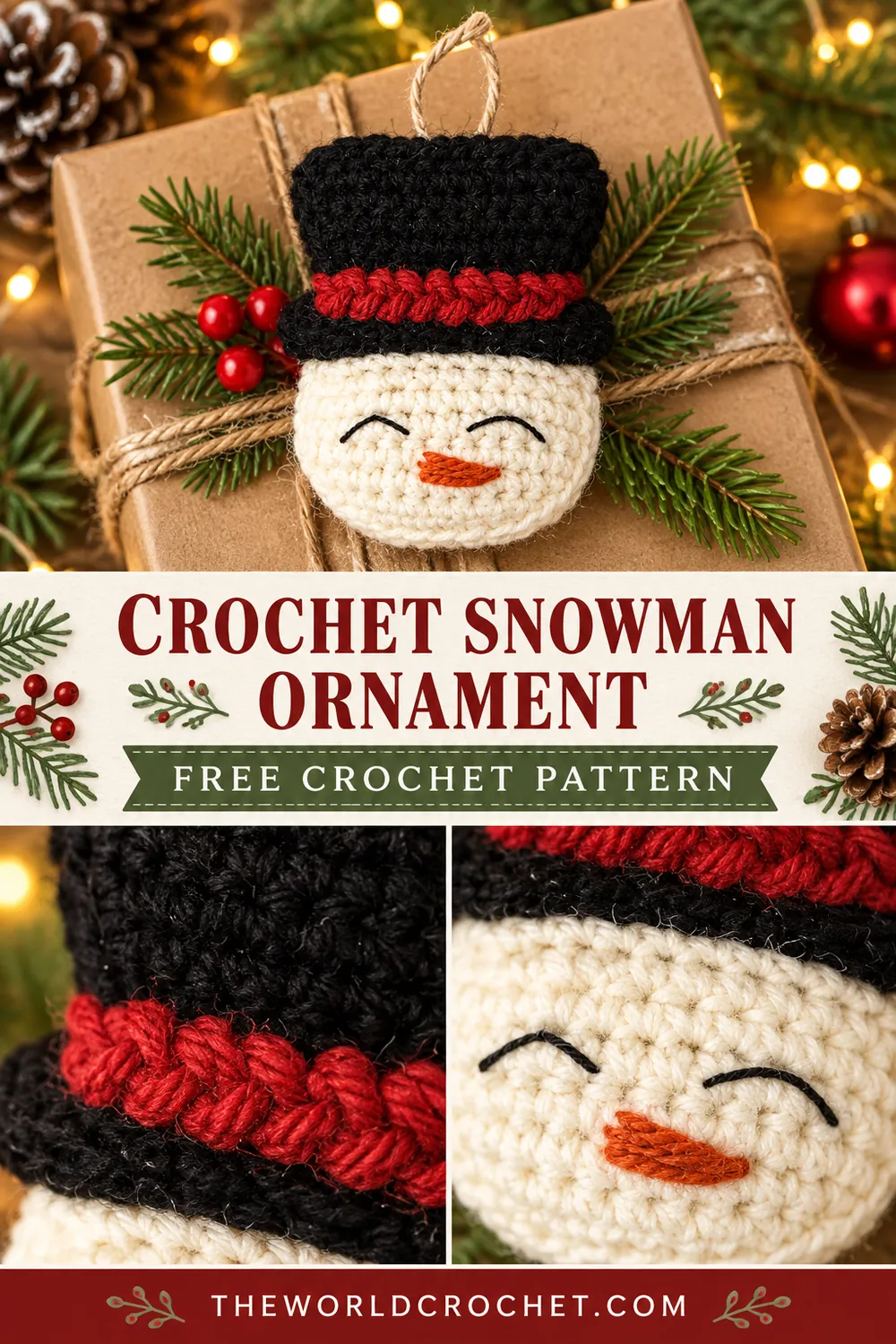 Crochet snowman ornament collage with hat and face details