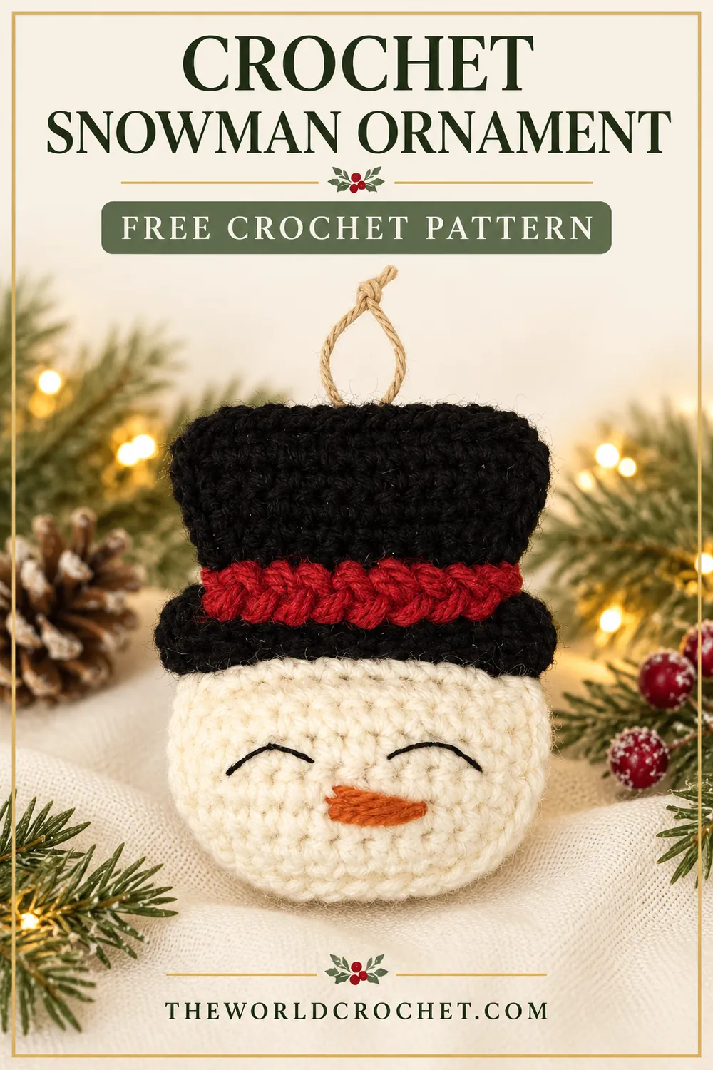 Ivory crochet snowman ornament with black hat on cream linen