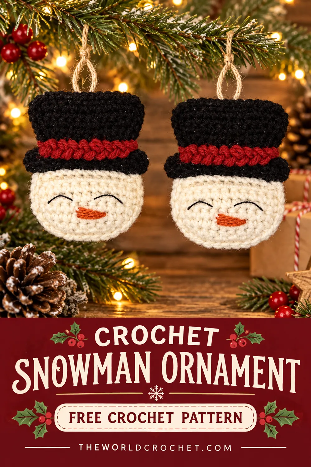 Two crochet snowman ornaments hanging in a festive Christmas setting