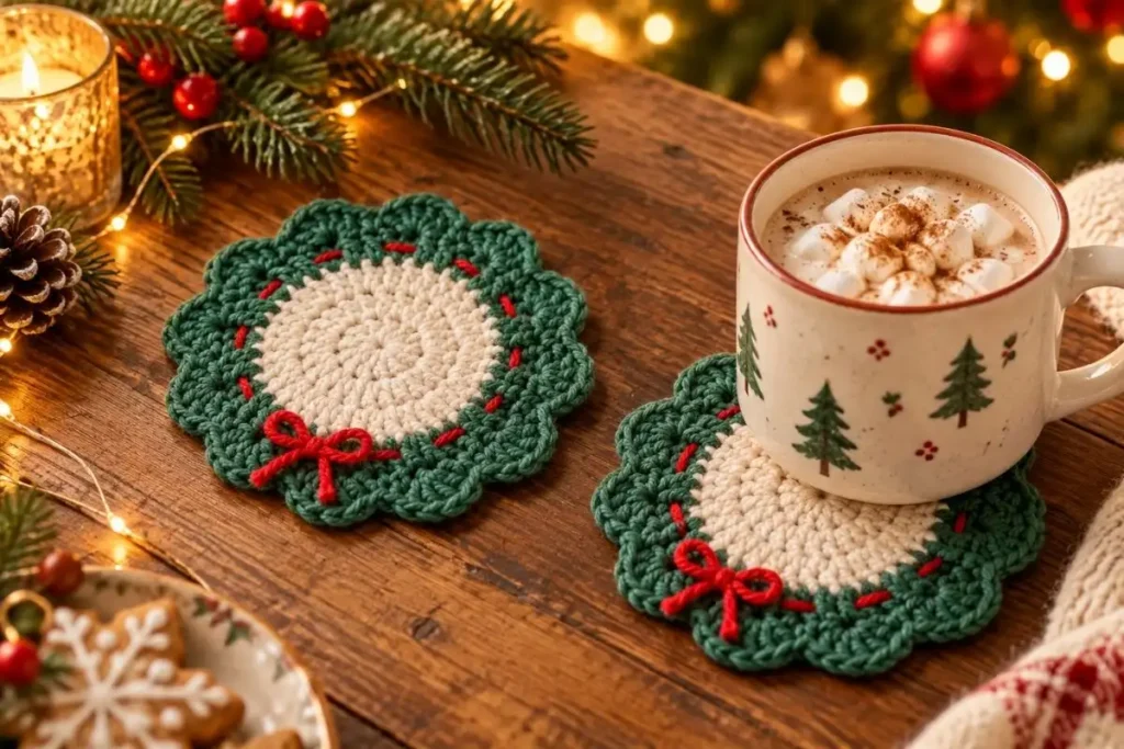 Cream-centered crochet wreath coasters with green scalloped borders and red bows beside a Christmas cocoa mug.