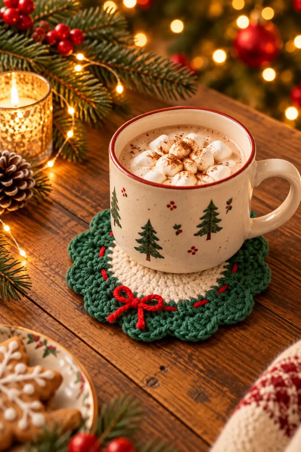 A Christmas cocoa mug resting on a scalloped green crochet wreath coaster with a red bow.