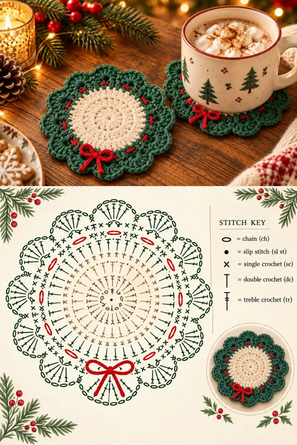 Christmas wreath coasters above an illustrative crochet stitch chart.