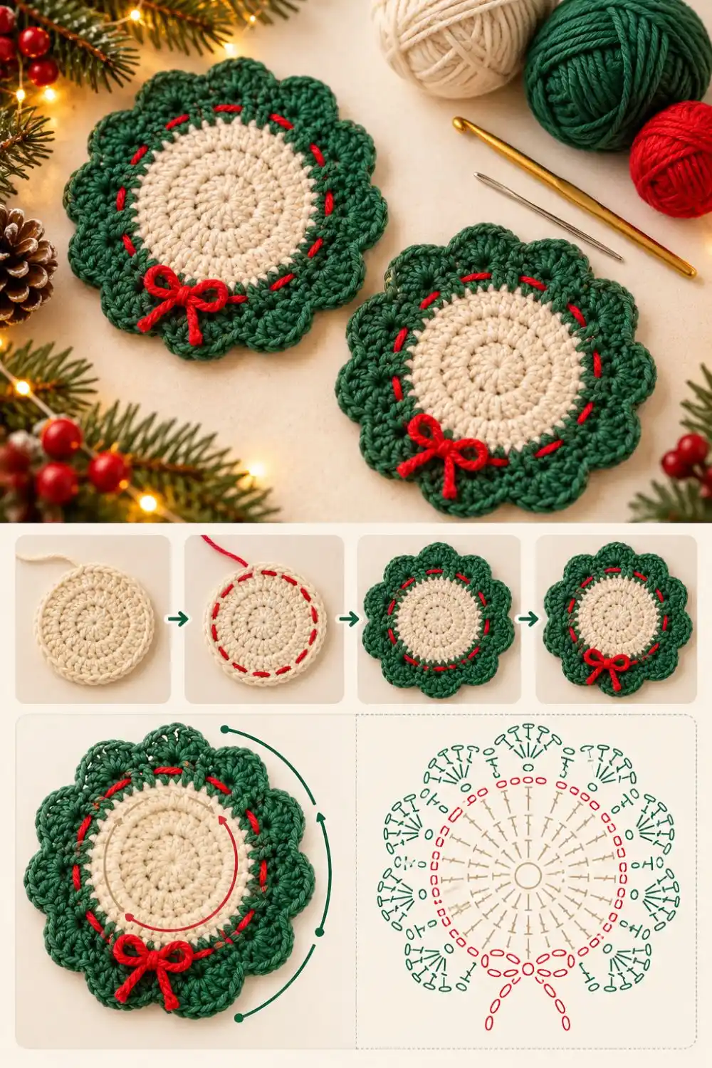 Cream and green crochet wreath coasters with illustrative construction stages and a decorative diagram.