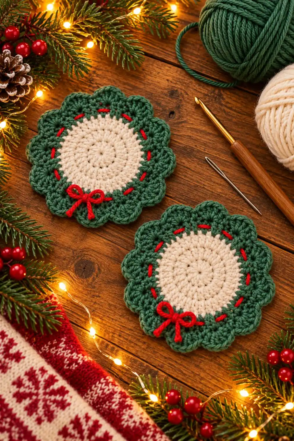 Two crochet wreath coasters beside green and cream cotton yarn and a crochet hook.