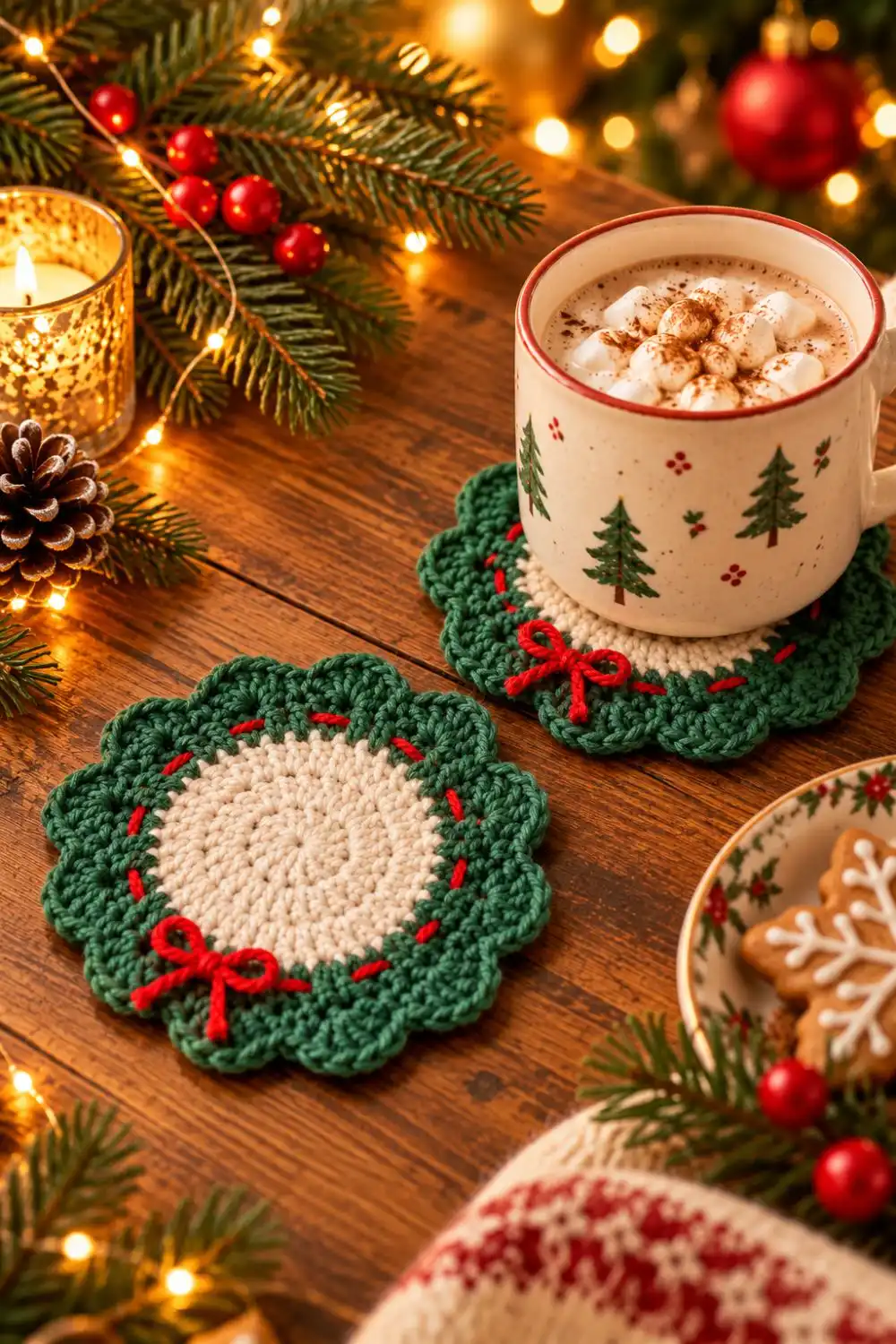 Cream and green crochet wreath coasters arranged with a Christmas mug and holiday cookies.