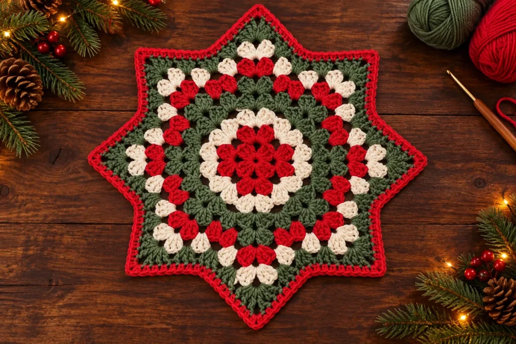 Eight point crochet star in red cream and green on a wooden Christmas table