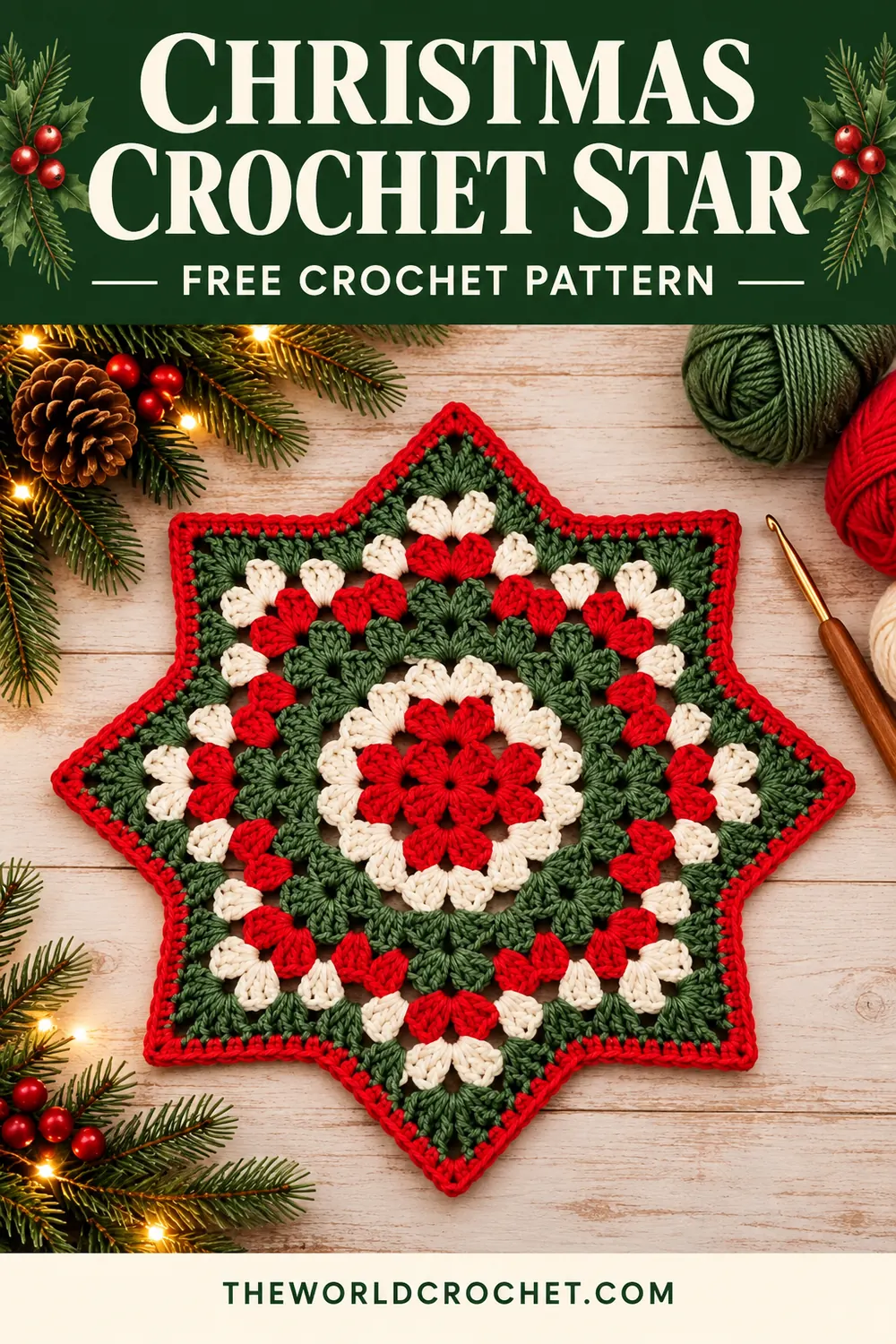 Eight point crochet star free pattern Pin with green header design