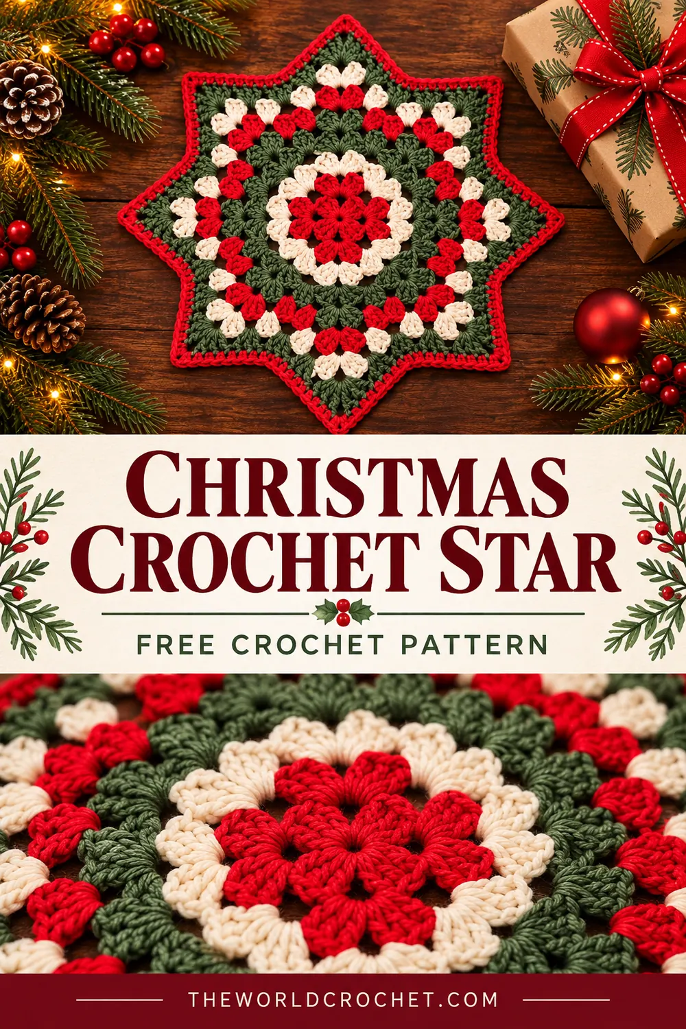 Eight point crochet star free pattern Pin with photo collage design