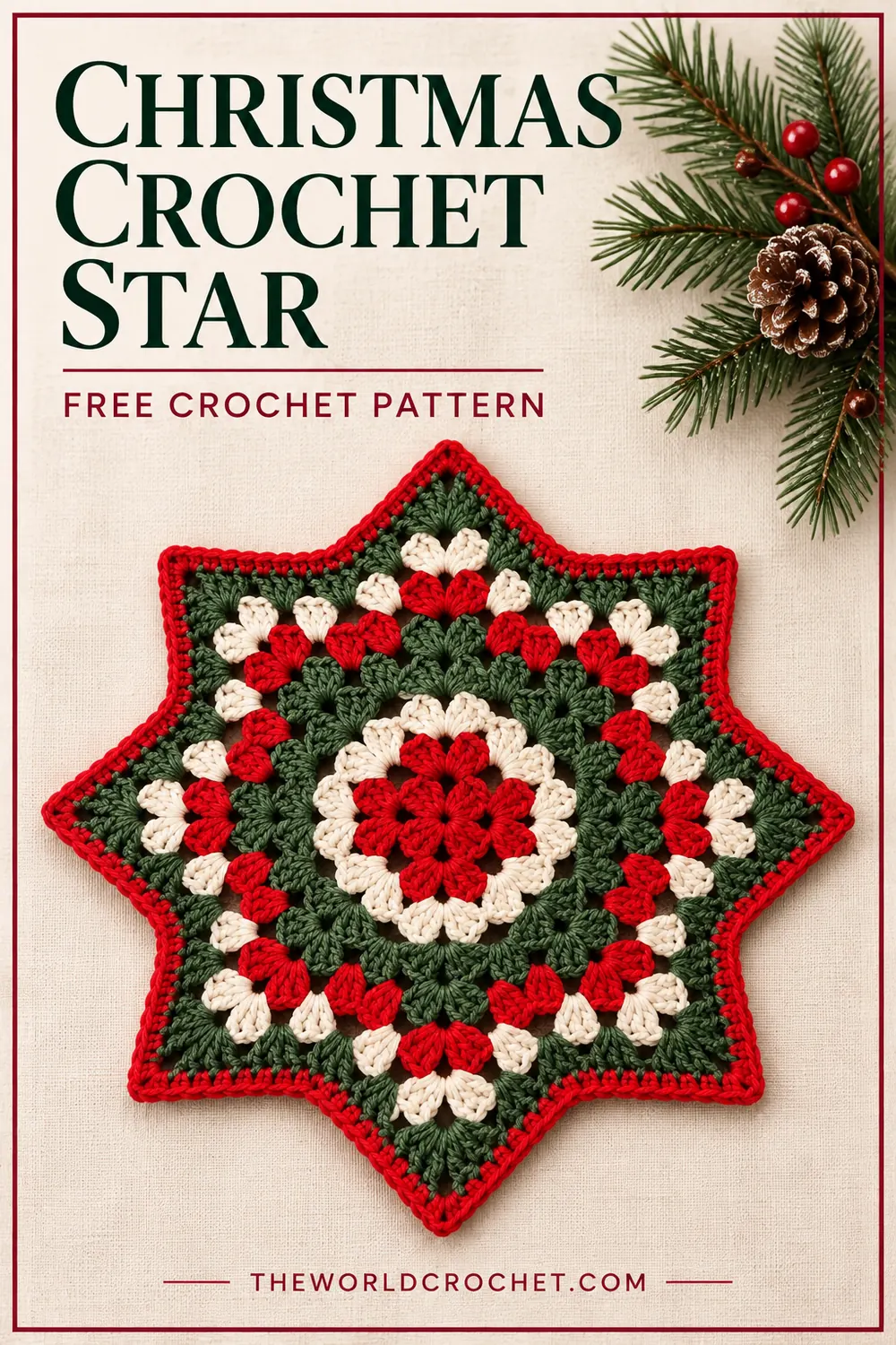 Eight point crochet star free pattern Pin with cream editorial design