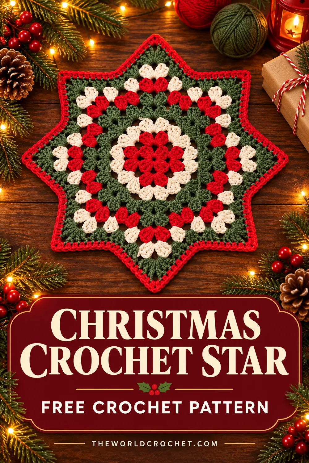 Eight point crochet star free pattern Pin with festive card design
