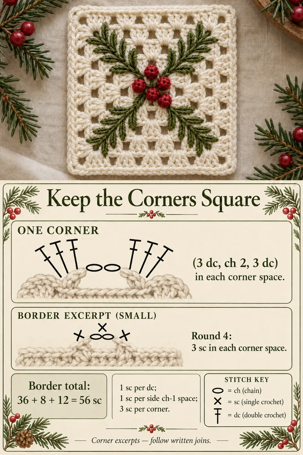 Evergreen sprig granny square corner guide showing double crochet groups and three single crochet corner stitches