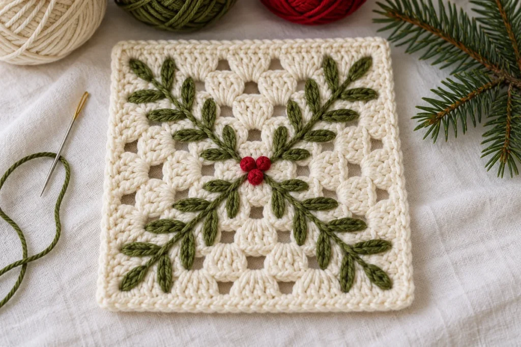 Evergreen sprig granny square in ivory with olive embroidered leaves and red berries