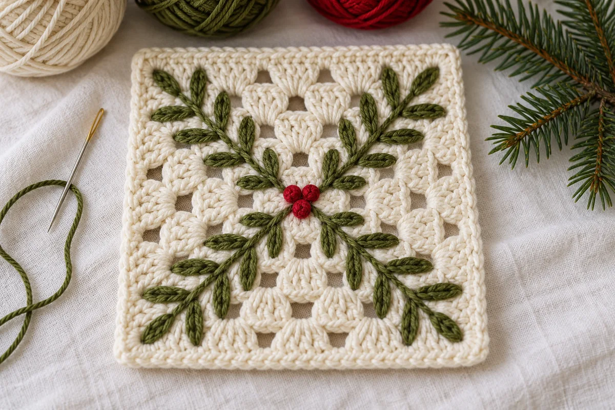 Evergreen sprig granny square in ivory with olive embroidered leaves and red berries
