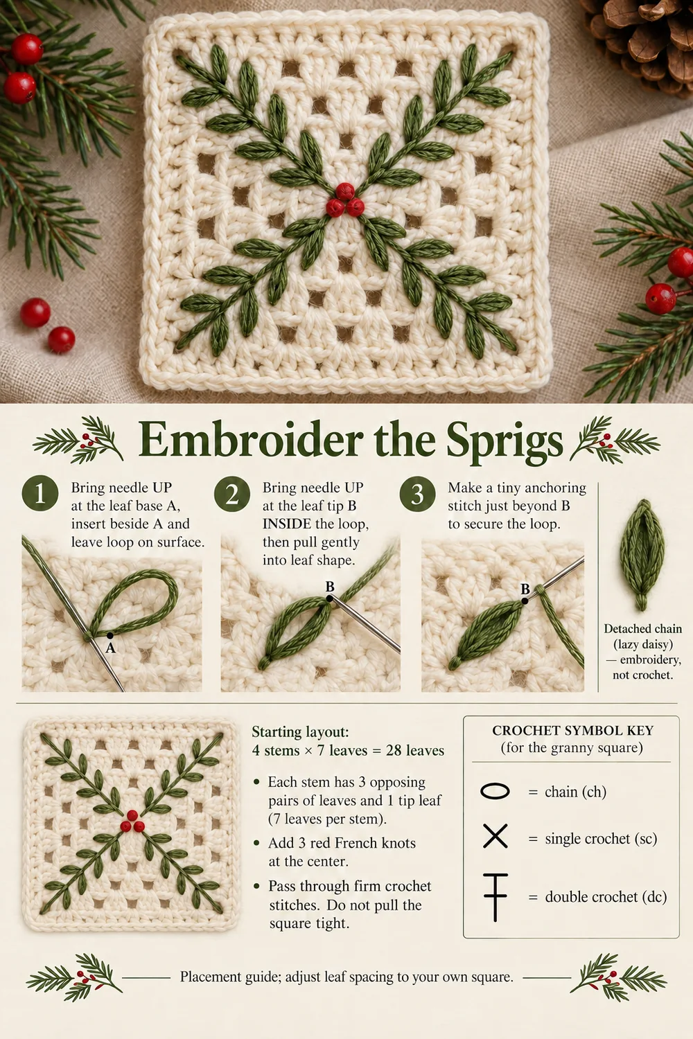 Evergreen sprig granny square embroidery guide showing detached chain leaves and four-branch placement