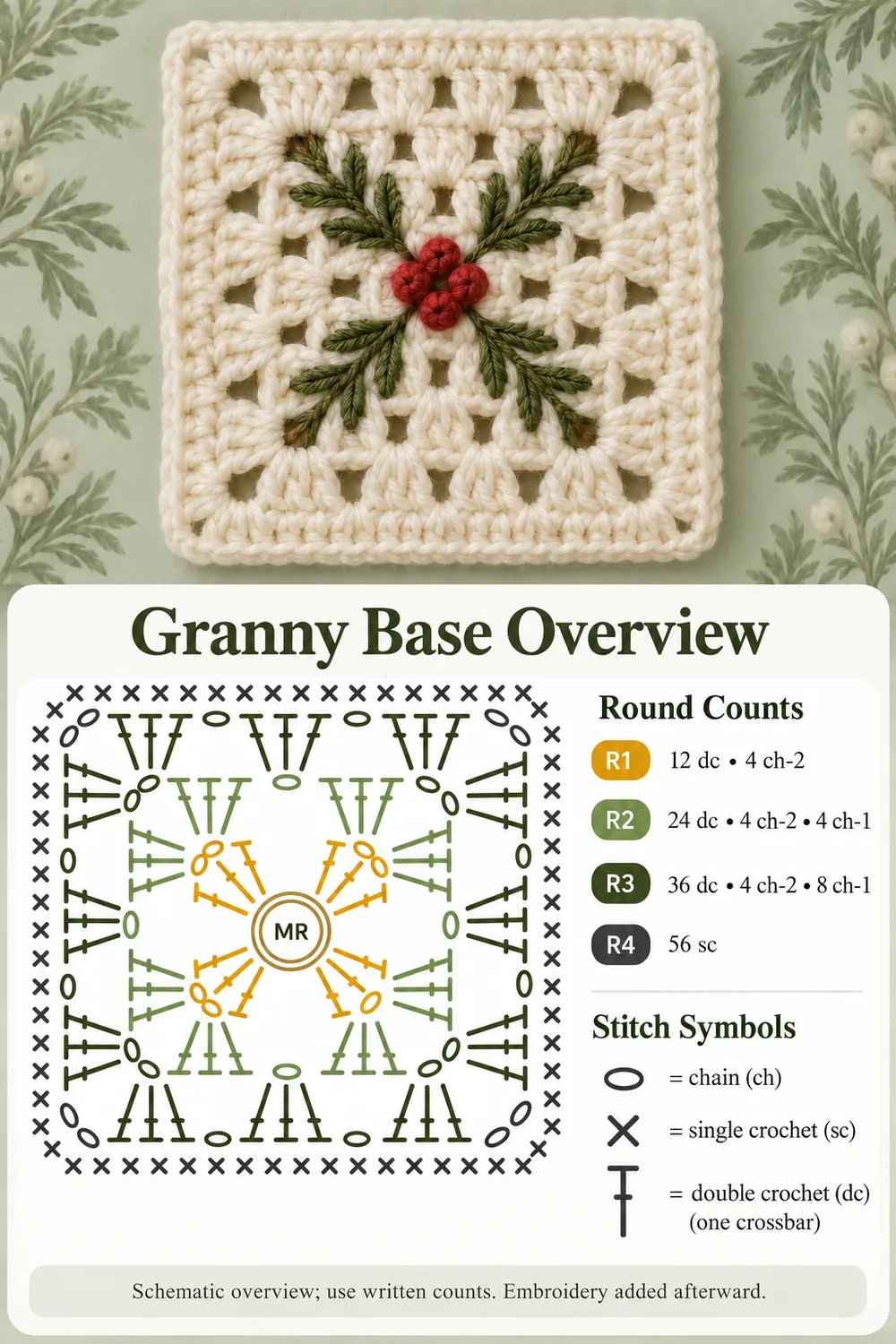 Evergreen sprig granny square photo above a color-coded schematic overview of the ivory granny base