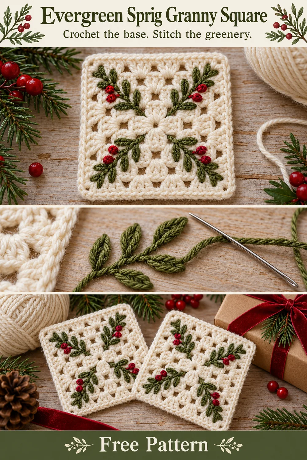 Evergreen sprig granny square collage showing embroidered greenery and matching gift squares