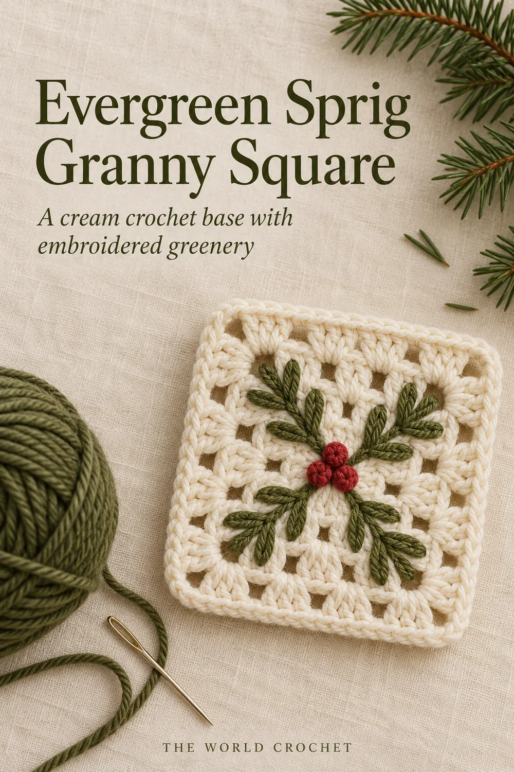 Evergreen sprig granny square on cream linen with olive yarn and an editorial title
