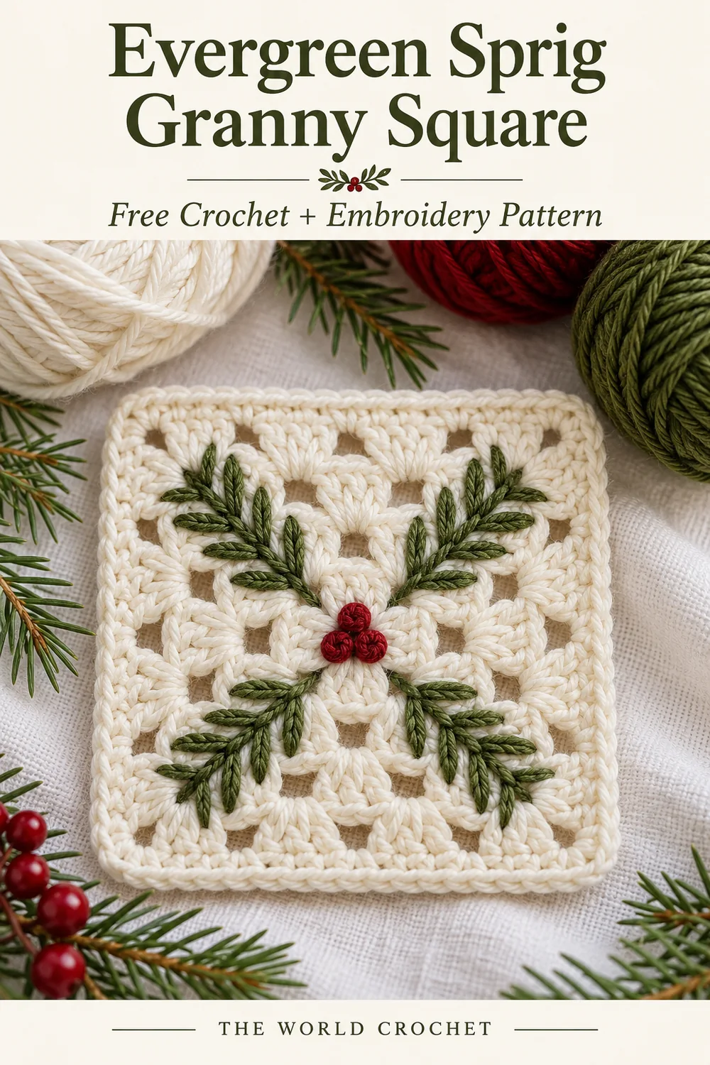 Evergreen sprig granny square with a cream header and free crochet and embroidery pattern title