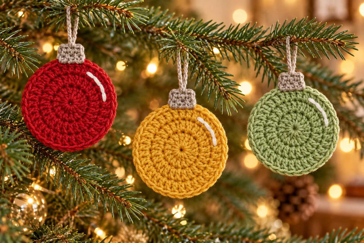 Flat crochet baubles in red yellow and green with neutral caps and embroidered white highlights