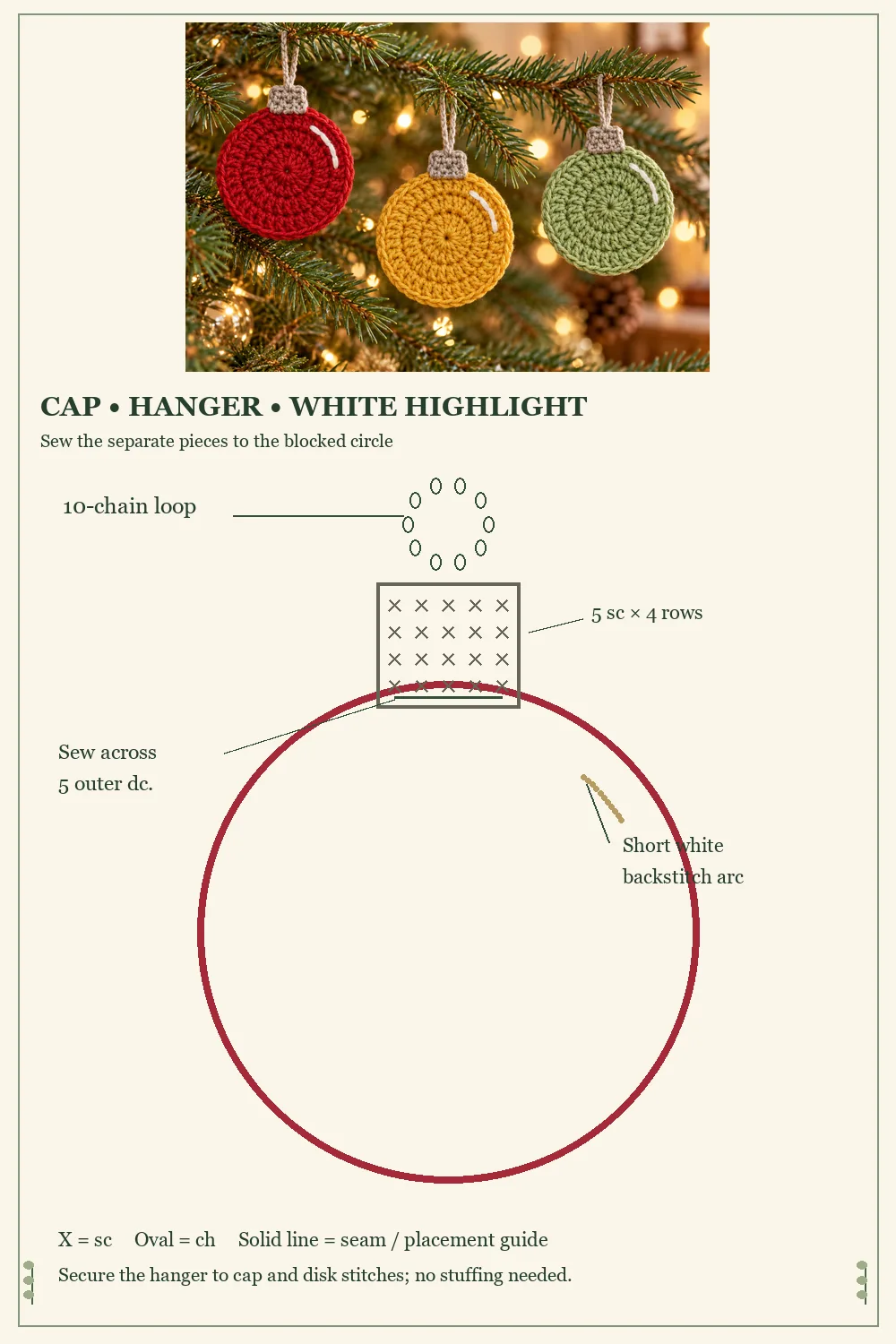 Flat crochet baubles finishing guide showing the cap chain hanger and embroidered highlight placement