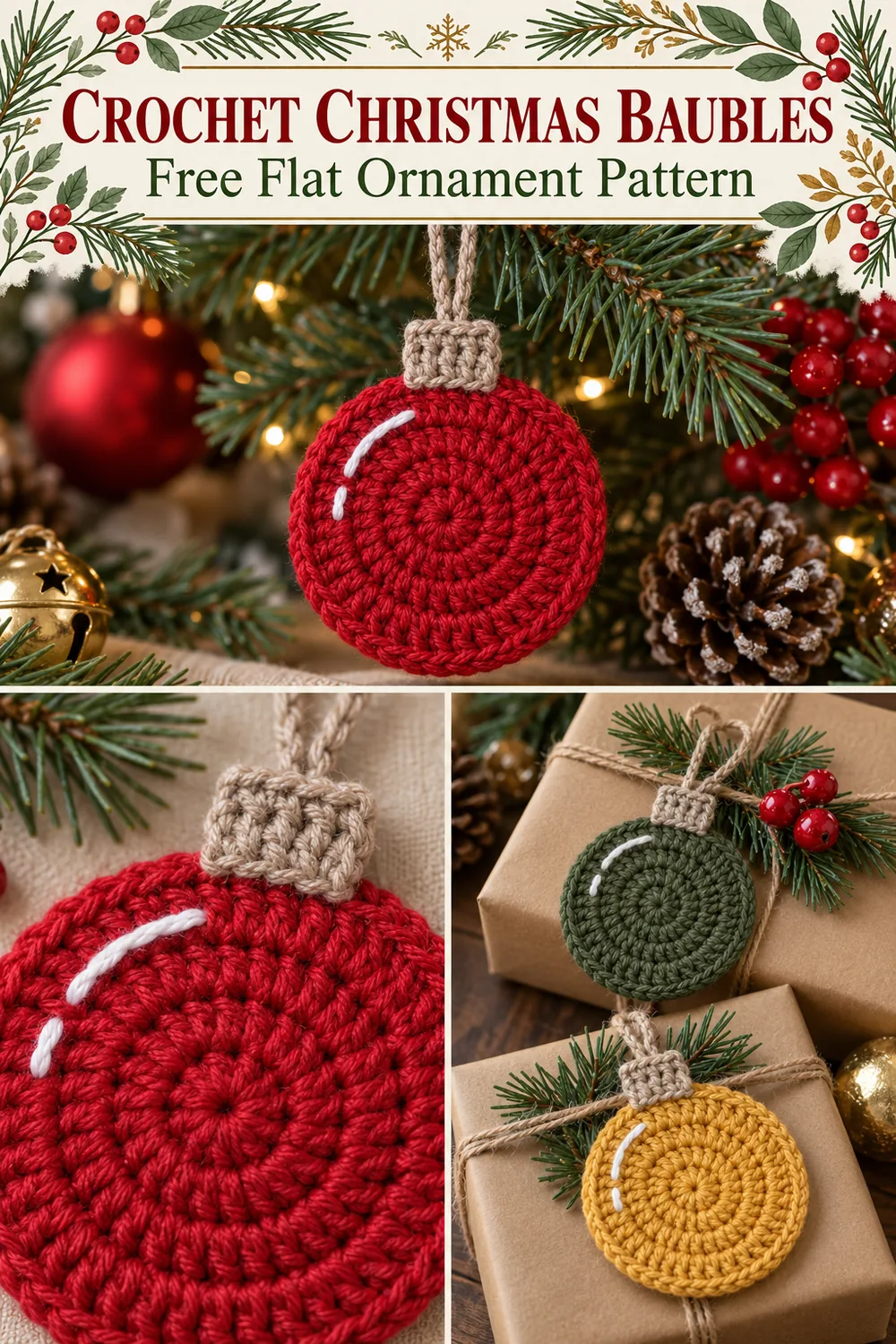 Flat crochet baubles collage showing the circle stitches cap detail and gift decorations
