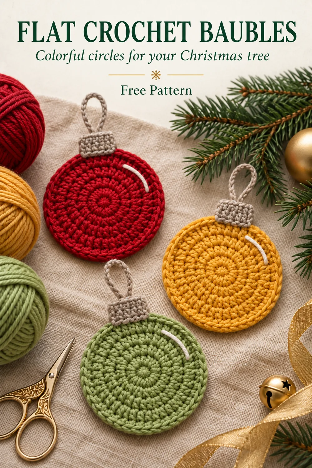 Flat crochet baubles on linen beside colorful yarn with an editorial free pattern title