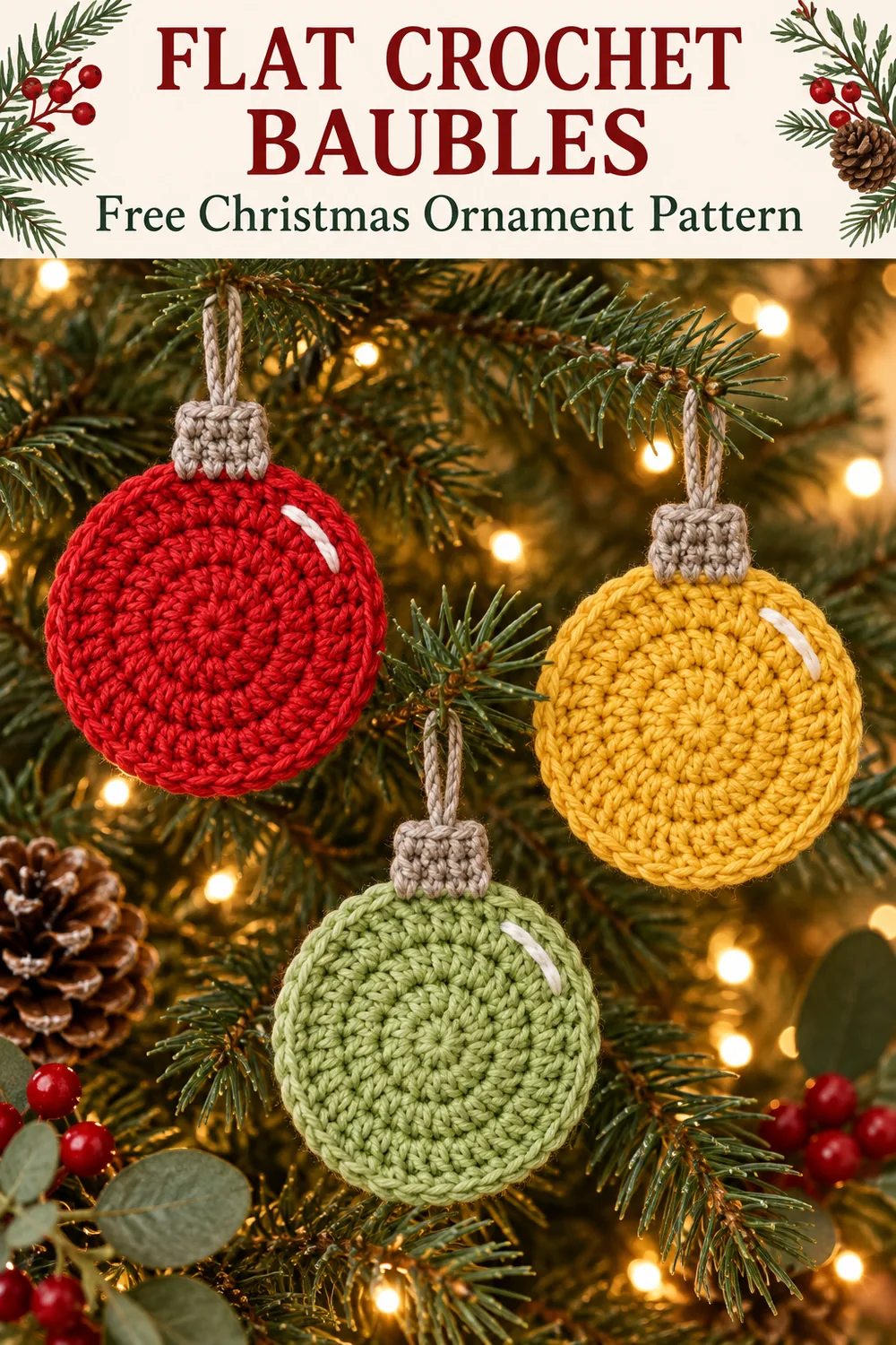 Flat crochet baubles hanging on a tree beneath a free Christmas ornament pattern header
