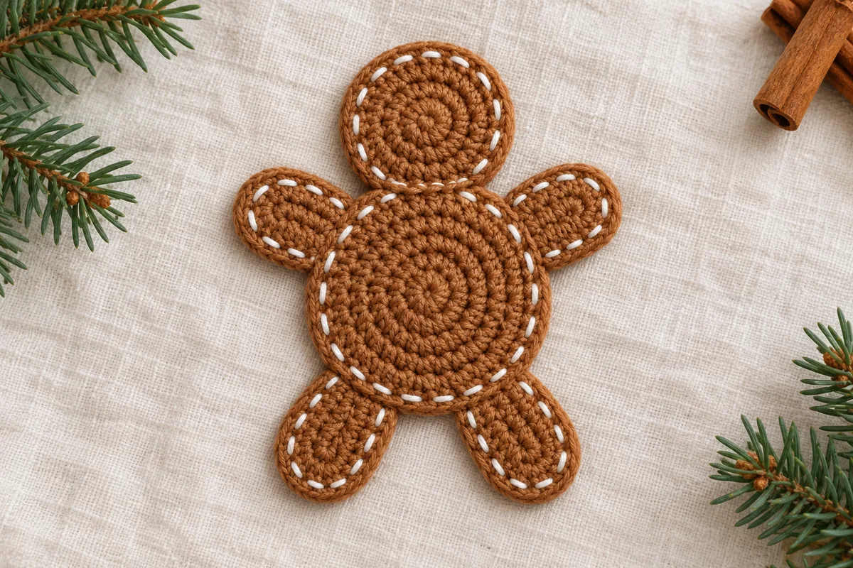 Flat crochet gingerbread man with a caramel round head and belly four oval limbs and white icing stitches