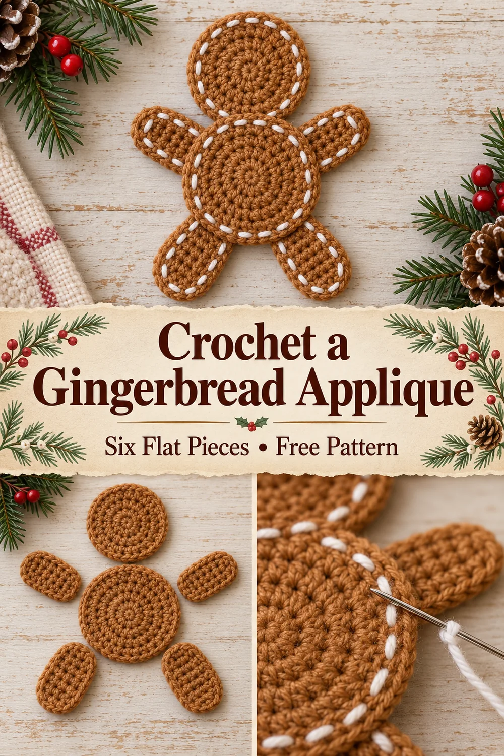 Flat crochet gingerbread man collage showing six separate pieces and white embroidery detail