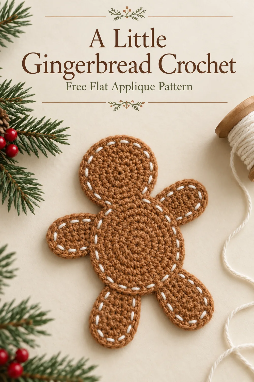Flat crochet gingerbread man on cream paper with an editorial free pattern title