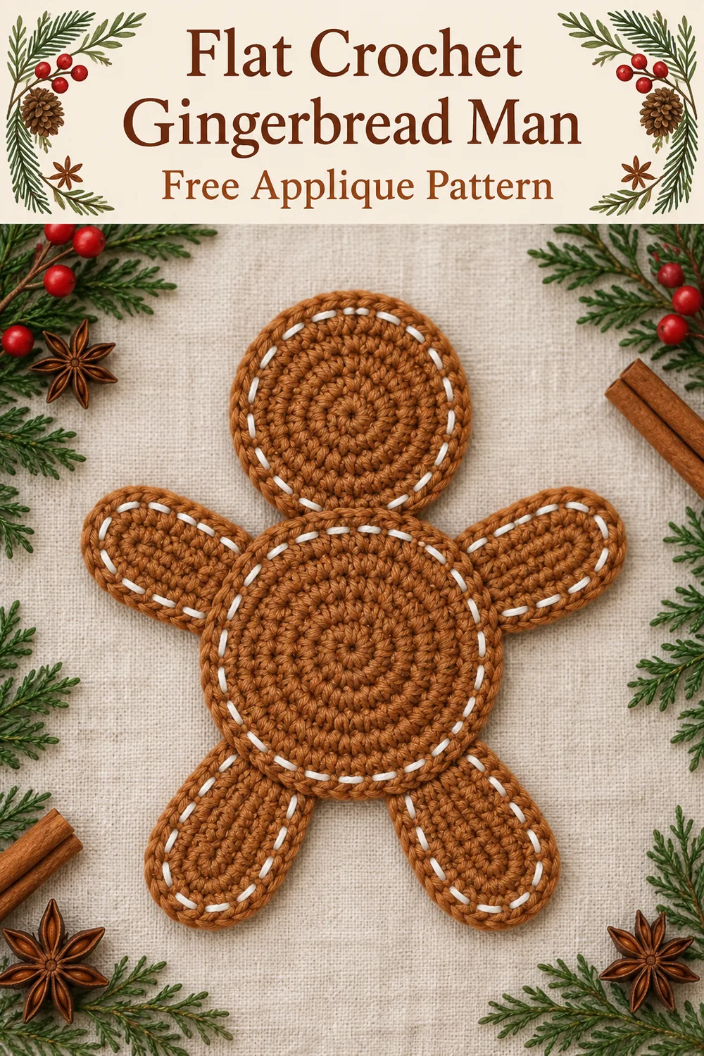 Flat crochet gingerbread man on linen beneath a free applique pattern header