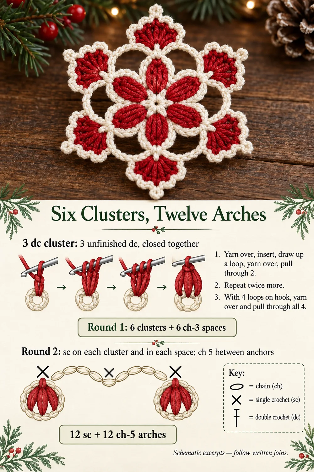 Floral crochet snowflake cluster and arch guide showing six clusters and twelve cream arches