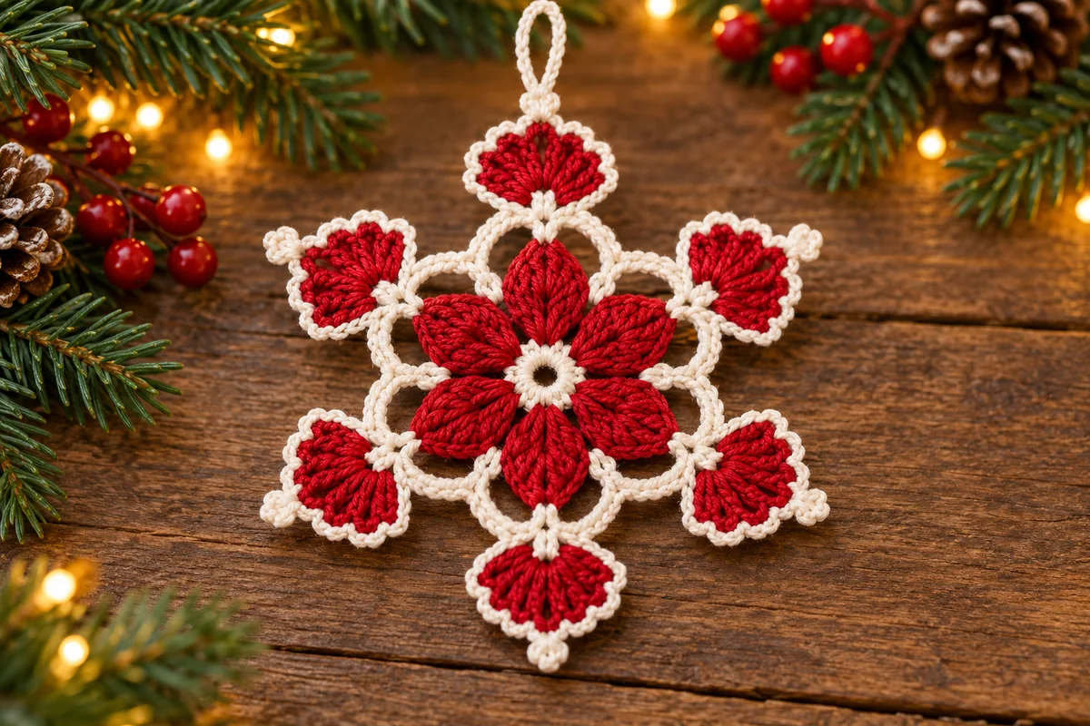 Floral crochet snowflake in red and cream with six points on a festive wooden table