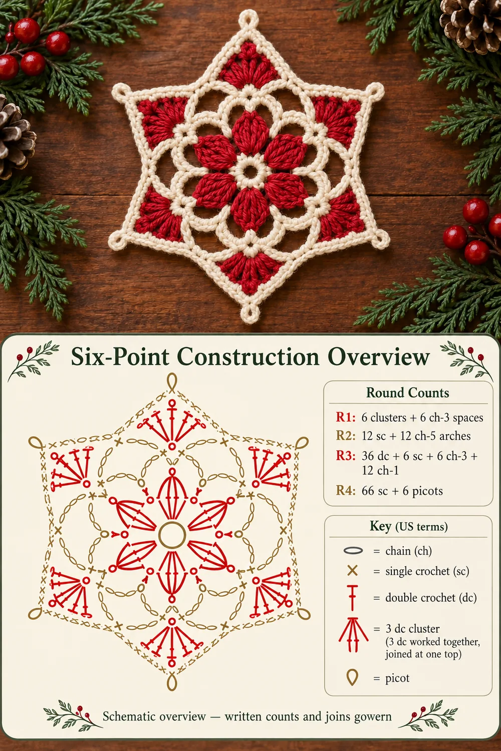 Floral crochet snowflake photo above a six-point construction schematic with round counts