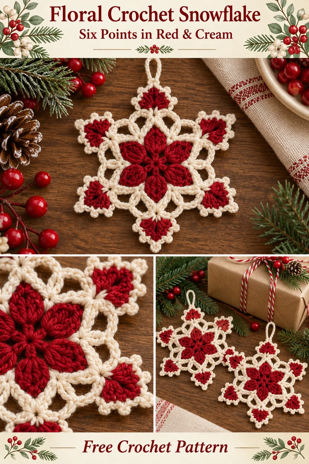 Floral crochet snowflake collage showing six-point ornaments red cluster petals and cream lace
