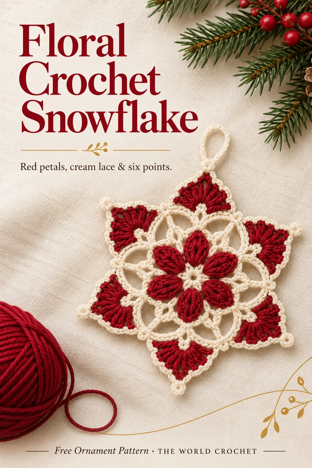Floral crochet snowflake on cream linen with red yarn and a large editorial title