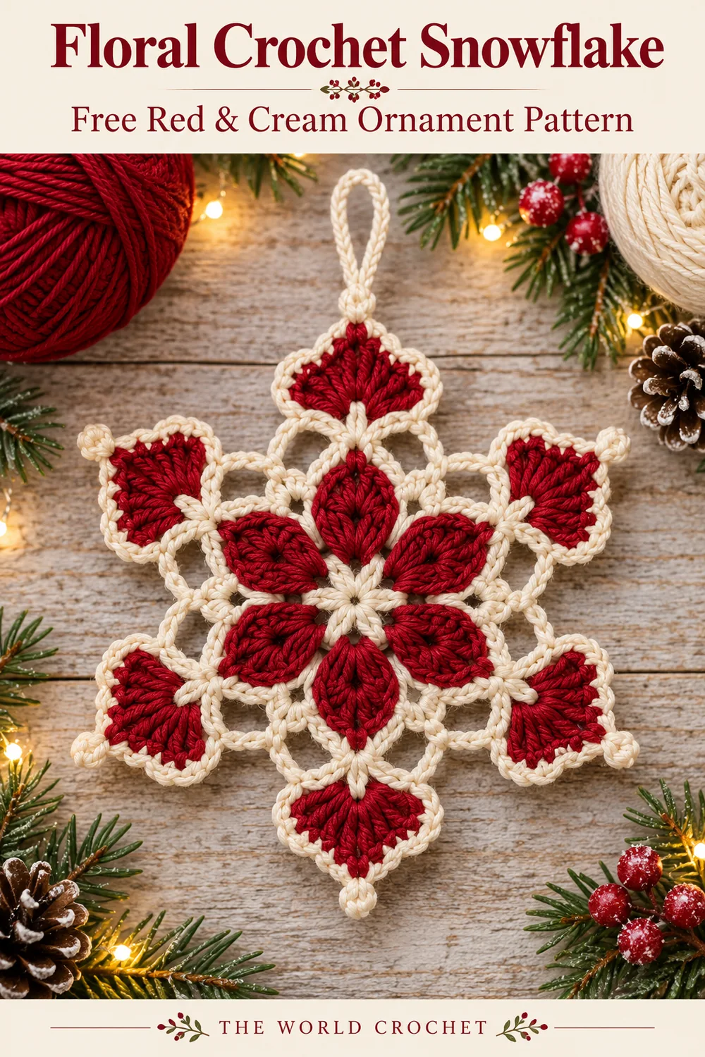 Floral crochet snowflake with a cream title header and free red and cream ornament pattern text