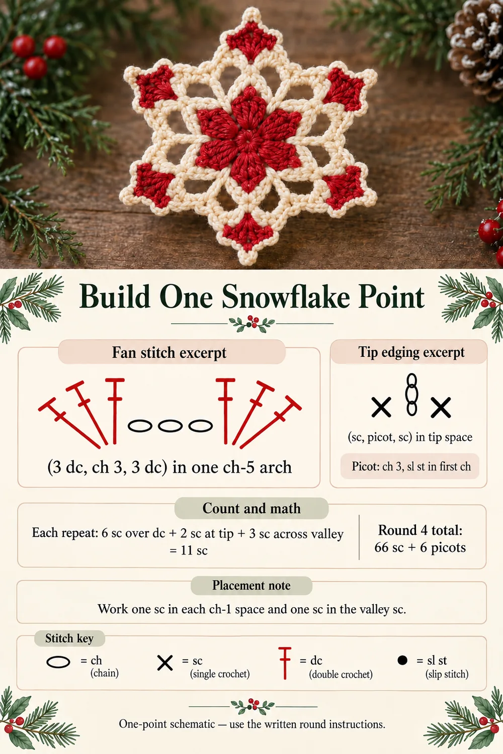Floral crochet snowflake point guide showing a six-double-crochet fan and cream picot edging