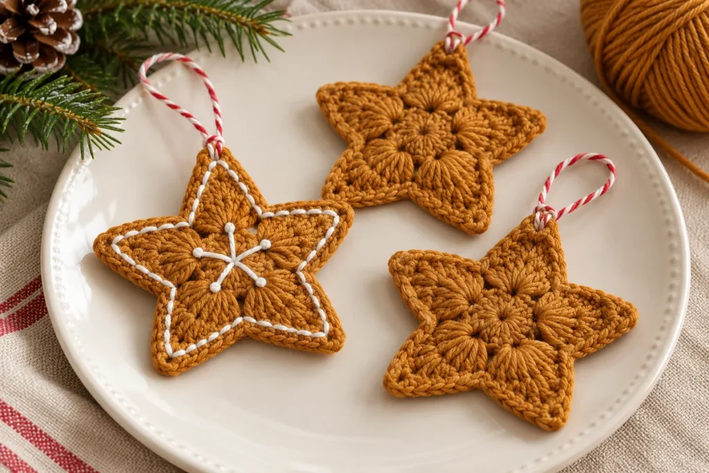 Gingerbread crochet star ornaments in caramel yarn with white icing embroidery on a plate